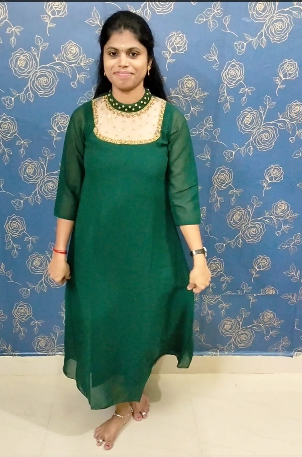 Chiffon Jewel Neck Kurtis Anarkali Green | Tharmee Fashion | 552